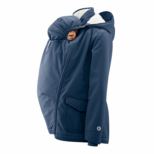 Mamalila Cosy Allrounder babywearing coat in Navy shown with baby doll in front carrying position with hood up